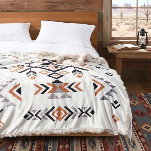 Luxury Plush Faux Fur Throw Blanket with Aztec Pattern, Super Warm