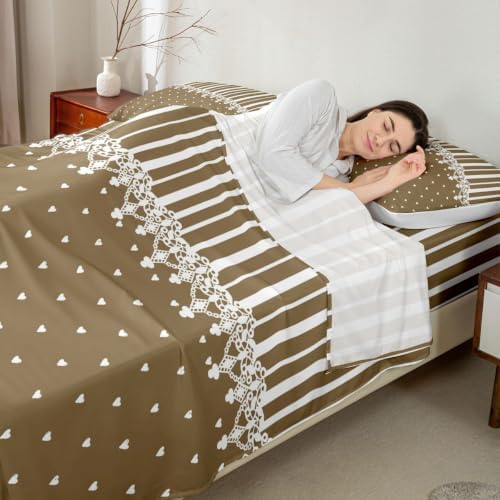 Erosebridal Taupe Heart Striped Bed Sheets Queen for Kids Girls Boys