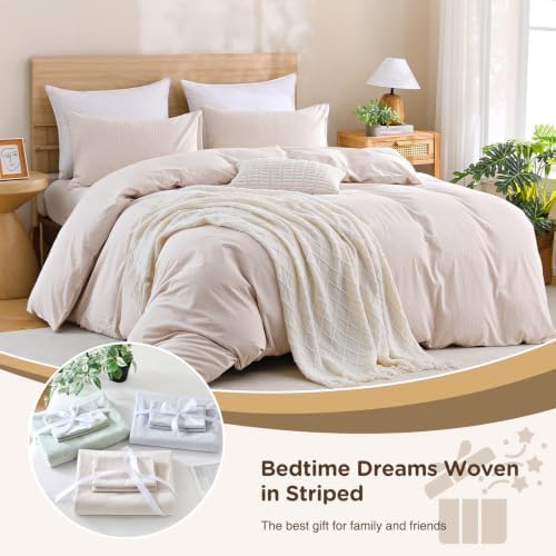 TOCOMOA Brown Striped Duvet Cover Set 100% Washed Cotton Like Linen