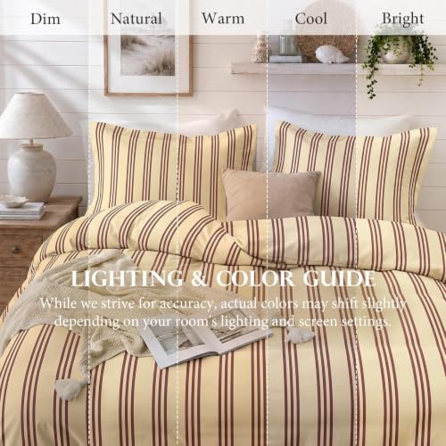 JOLLYVOGUE Striped Duvet Cover King, Brown Duvet Cover with Red