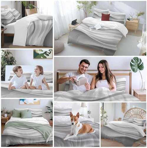 Gray Striped Bed Duvet Cover Queen Size Bedding Set, 3 Pieces Washed