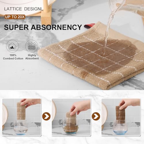 Mordimy Cotton Terry Checkered Dish Cloths, 12"x 12", 6 Pack, Tan