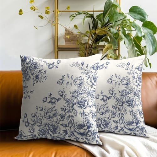 White Blue Floral Pillow Covers 22x22 Inch Set of 2, Vintage