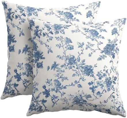 Kawani Blue Floral Pillow Covers 20x20 Inch Set of 2 Blue and Cream