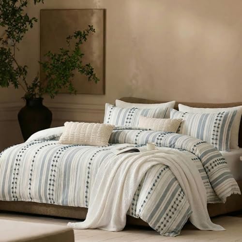 100% Cotton Duvet Cover Queen Size – Gray Yellow Striped Bedding Set