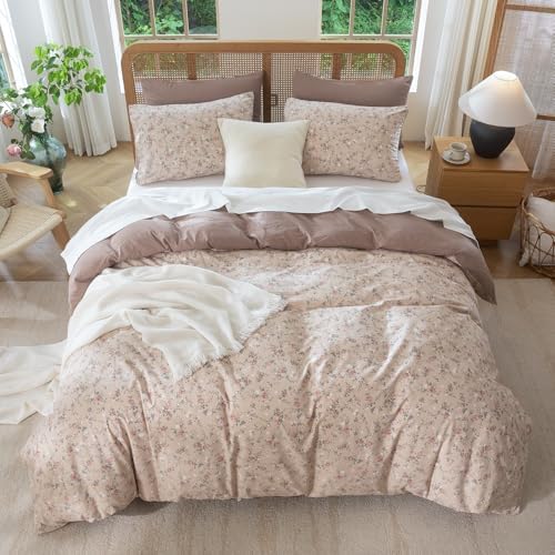 Floral Duvet Cover Queen Size - 3 Pieces Brushed Microfiber Crinkle