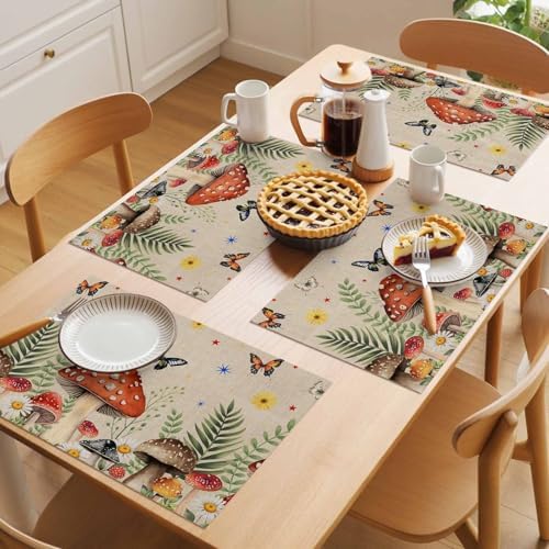 Placemats Set of 8, Spring Mushrooms Woven Placemat, Linen Place Mats