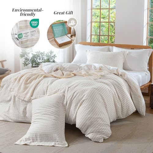 MILDLY Jacquard Striped Duvet Cover Set 2pcs Dual Zipper Beige Twin