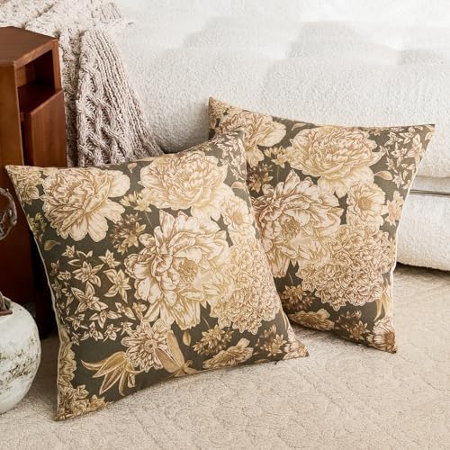 Floral Green Vintage Pillow Covers 22x22 Inch Set of 2 Farmhouse Block