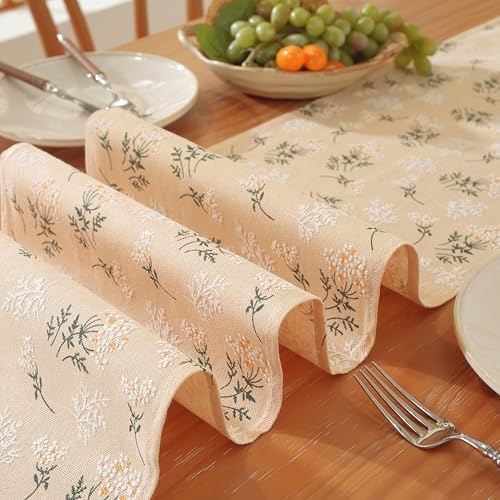 12x108 Inch Boho Floral Table Runner with Tassels, Neutral Beige