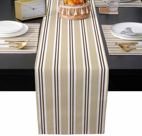 Beige Brown and White Stripe Table Runner and Placemats Set of 6