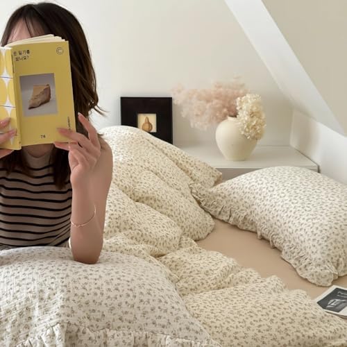 BuLuTu Cottage Camellia Floral Duvet Cover King with Ruffles, No