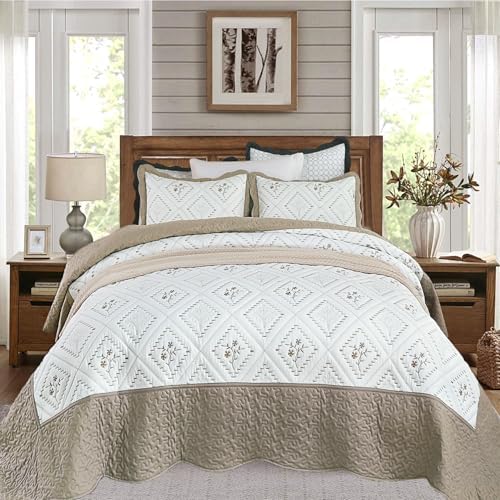 Cmfshape Floral Embroidery Quilt Set,3 Pieces King Size Quilt Bedding