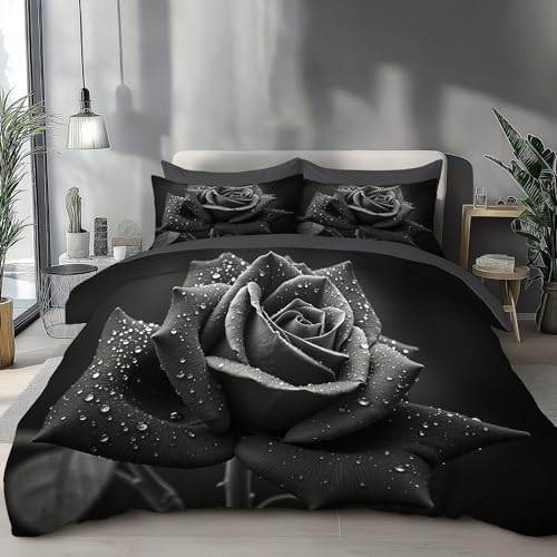 Realistic Dewdrop Rose Duvet Cover King 3Pcs, Breathable Microfiber