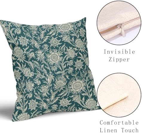 Teal Vintage Floral Pillow Covers 20x20 Inch Set of 2 Neutral Flower