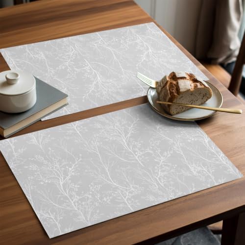 Light Grey Placemats Set of 8 White Tree Branch Botanical Abstract