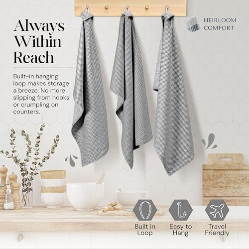 Grey Honeycomb Kitchen Towels 12 Pack, 16x26 Inch, 100% Cotton, Fast