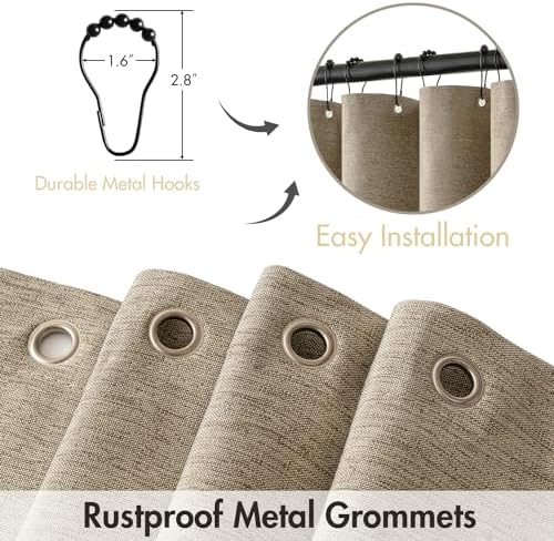 MIULEE 72 x 84 Extra Long Linen Shower Curtain Khaki 12 Metal Hooks