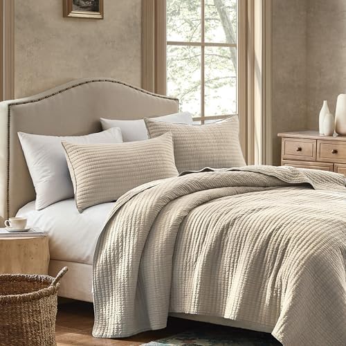 WDCOZY 100% Cotton California King Size Quilt Set, Pick Stitch, Beige