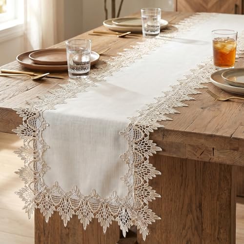 Natural Linen Table Runner, 36 inches Neutral Earth Tones Beige Lace