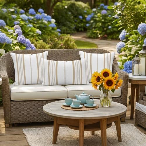 Outdoor Waterproof Pillow Covers 18x18 Inch Cream Stripes Pack of 2