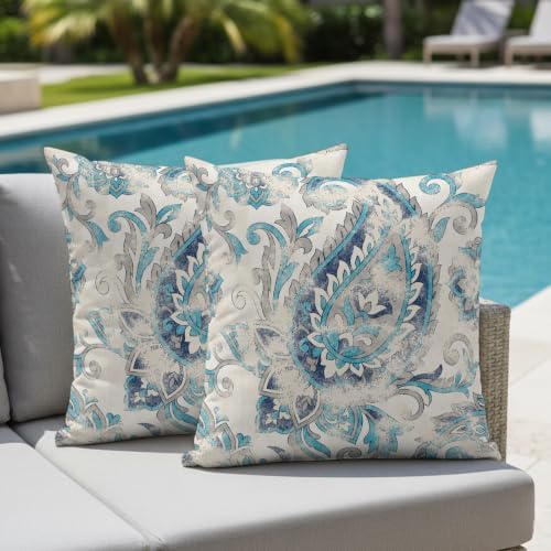 Vintage Paisley Throw Pillow Covers, Boho Teal Blue Ethnic Curving