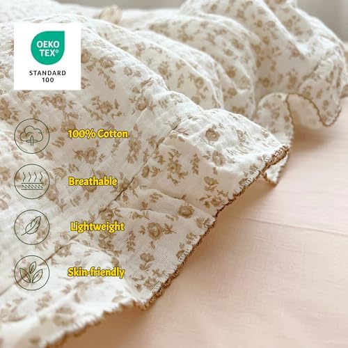 BuLuTu Cottage Camellia Floral Duvet Cover King with Ruffles, No