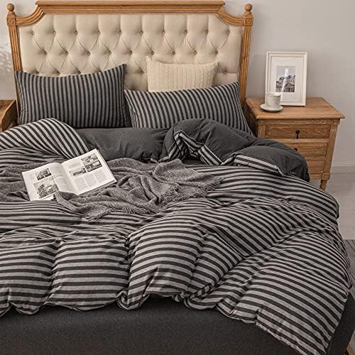 PURE ERA Jersey Duvet Cover Set Charcoal Dark Grey Stripe Full