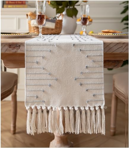 Caflife Grey Beige Cotton Linen Rustic Boho Table Runner 13 x 72 Inch