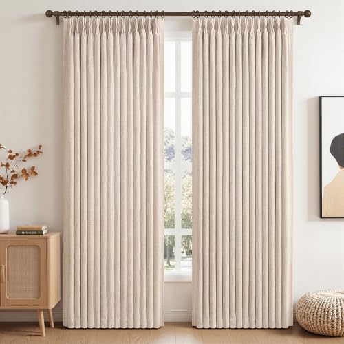 108 Inch Oatmeal Blackout Linen Pinch Pleated Curtains,2