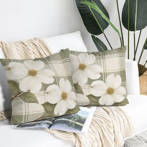 InkRain Dogwood Flower White Sage Green Plaid Pattern Theme Pillow