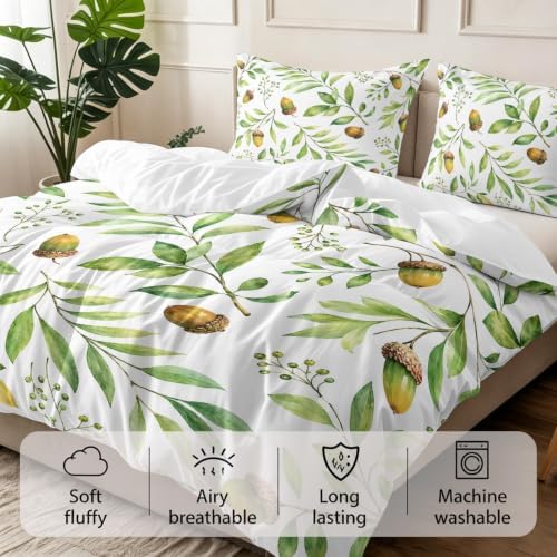 3 Pieces Bedding Set Queen Size, Green Leaves Soft Duvet Covers Set