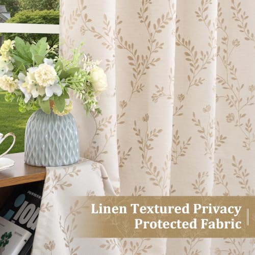 LAMIT Beige Leaf Pattern Linen Curtains for Living Room 96 Inch Length