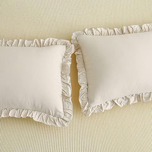 Cream King Ruffled Shams - Set of 2, Cute Solid Fringe Design, Beige