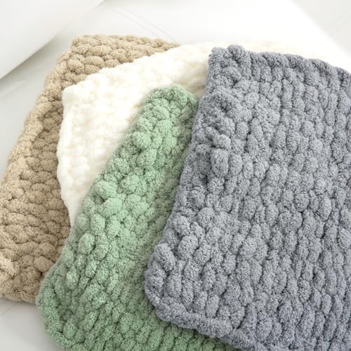 HOMBYS 4 Cream+4 Khaki Chunky Chenille Yarn for Hand Knitting,Fluffy