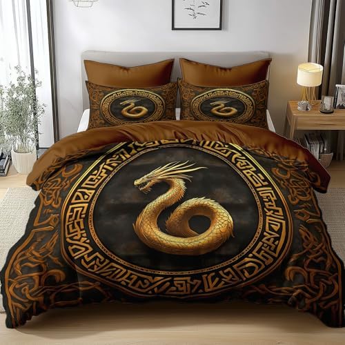 King Duvet Cover Set Viking Runes Dragon Soft Microfiber Reversible