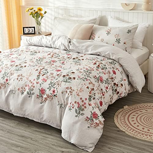 INFLAG Duvet Cover Set - 100% Cotton Reversible Floral Duvet Cover Set