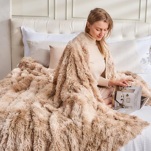 GONAAP Fuzzy Faux Fur Throw Blanket for Couch, Tie-dye Beige, 50"x60"