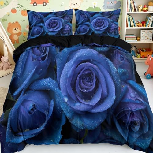 King Duvet Cover Set Romantic Flowers Blue Roses Bedding with
