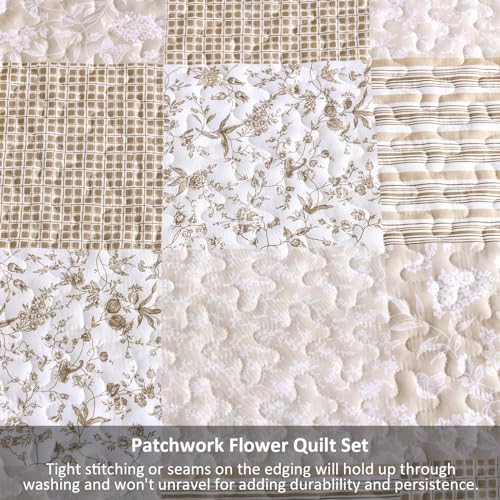 Mybedsoul Beige Boho Quilt King Size, Patchwork Floral Bedding Set
