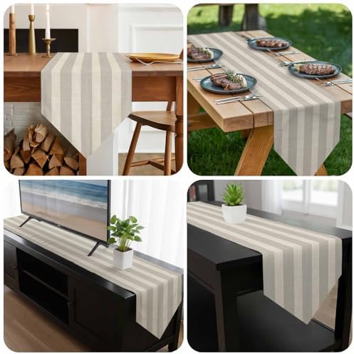 Minimalist Taupe Stripes Table Runner,Farmhouse Linen Texture Cotton