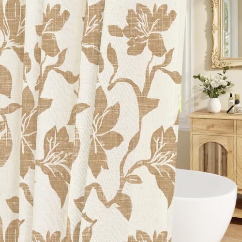Farmhouse Floral Shower Curtain, Brown Linen Textured Bath Curtain