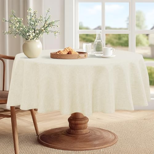 JIUZHEN Round Table Cloth Faux Linen Farmhouse Tablecloth Wrinkle and