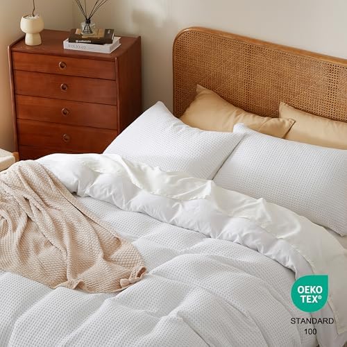 2Pcs 100% Egyptian Cotton Waffle Duvet Cover Set Twin 68 x 90, White
