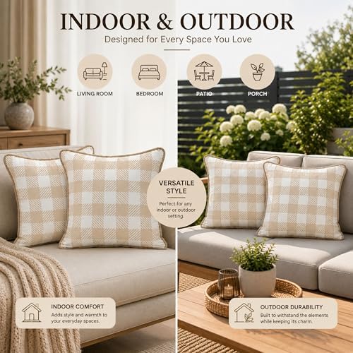 Waterproof Outdoor Pillow Covers 18x18, Set of 2, Beige and White