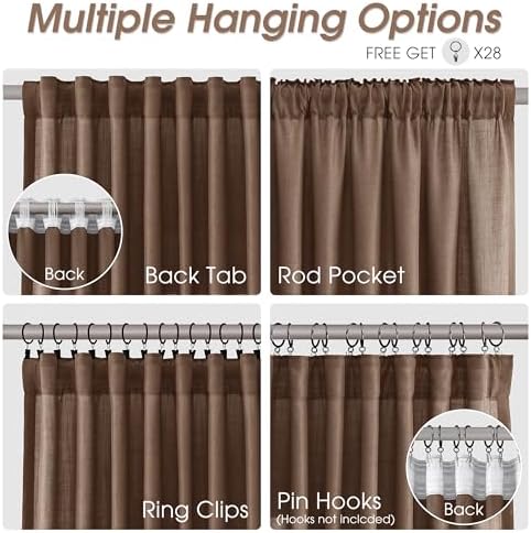 Nanspring Linen Curtains 96 Inch Long for Bedroom Hook Belt Caramel