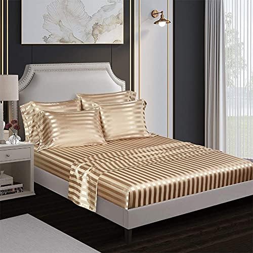 AiMay 6 Piece Satin Italian Style Bed Sheet Set Deep Pocket Striped