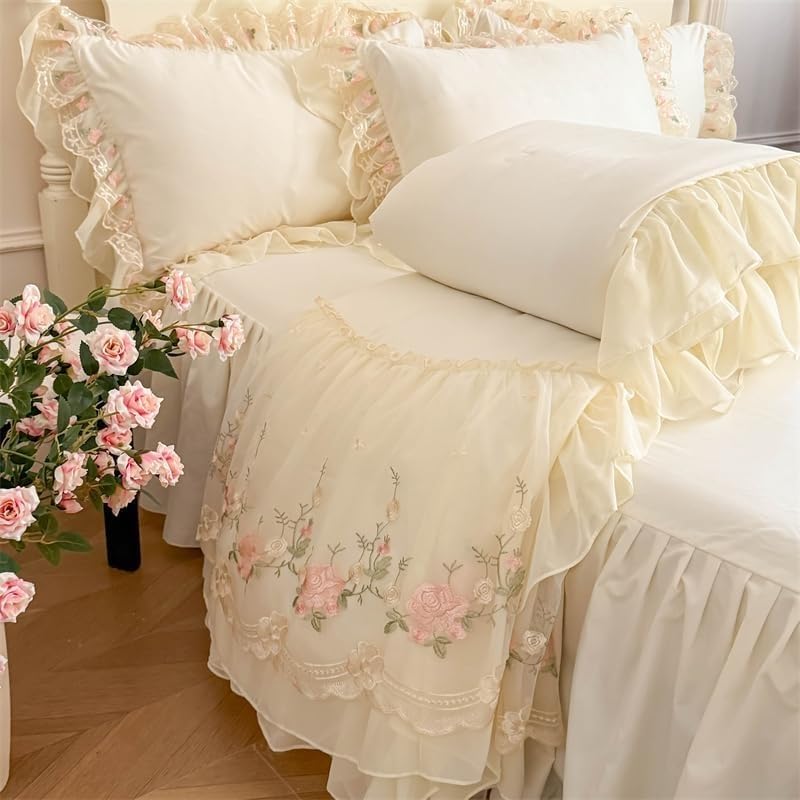 Lace Embroidered Bedding Set, 4-Piece 100% Washed Cotton Duvet Cover