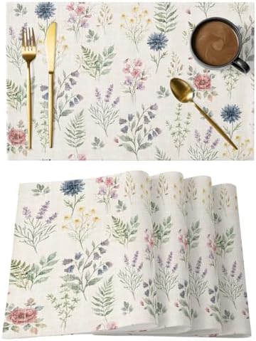 Placemats Set of 8, Beige Wildflowers Woven Placemat, Linen Place Mats