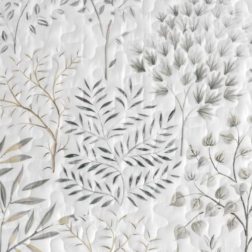 WONGS BEDDING Floral Quilt Set King, 3 Pcs White Grey Bedspread